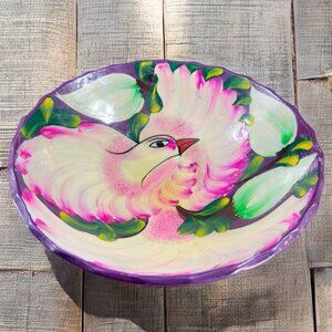 Large Mexico Hand Made Pottery Folk Art Dish Bowl Footed Painted Bird Flowers